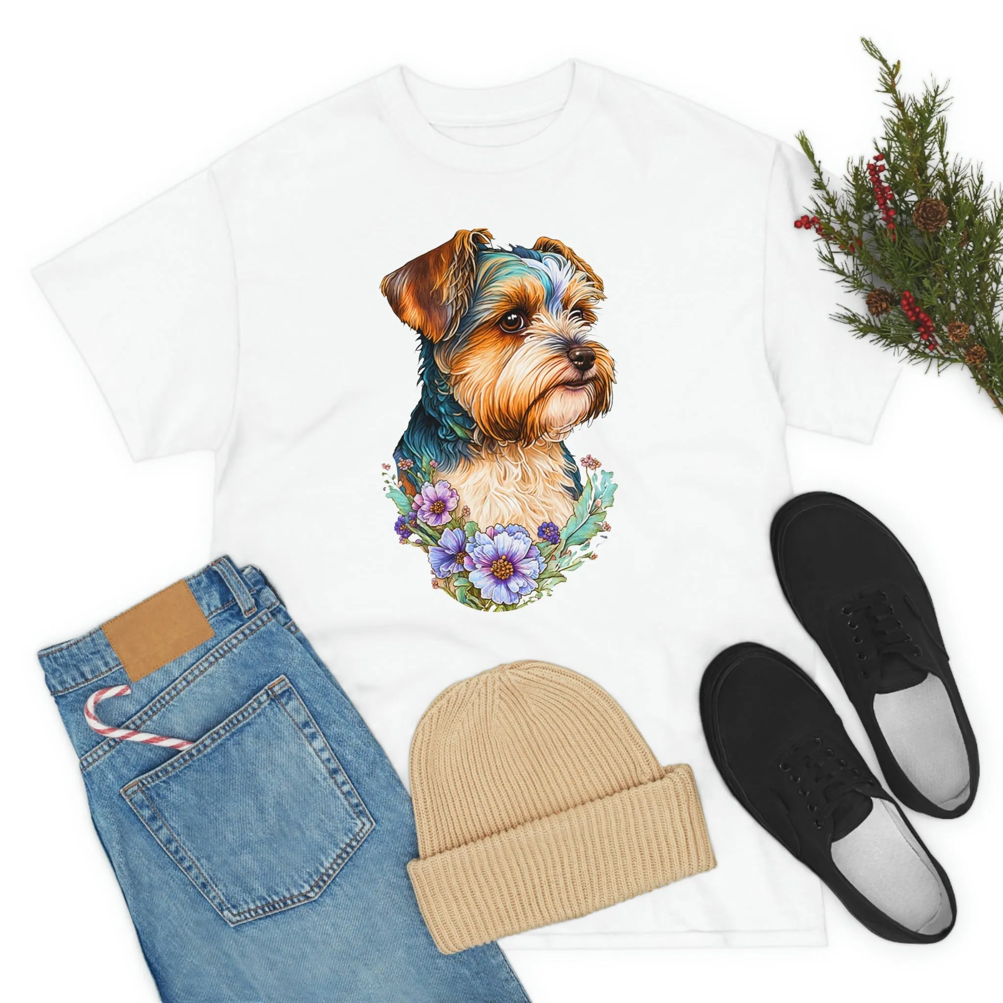 Biewer Terrier Floral Heavy Cotton T-Shirt