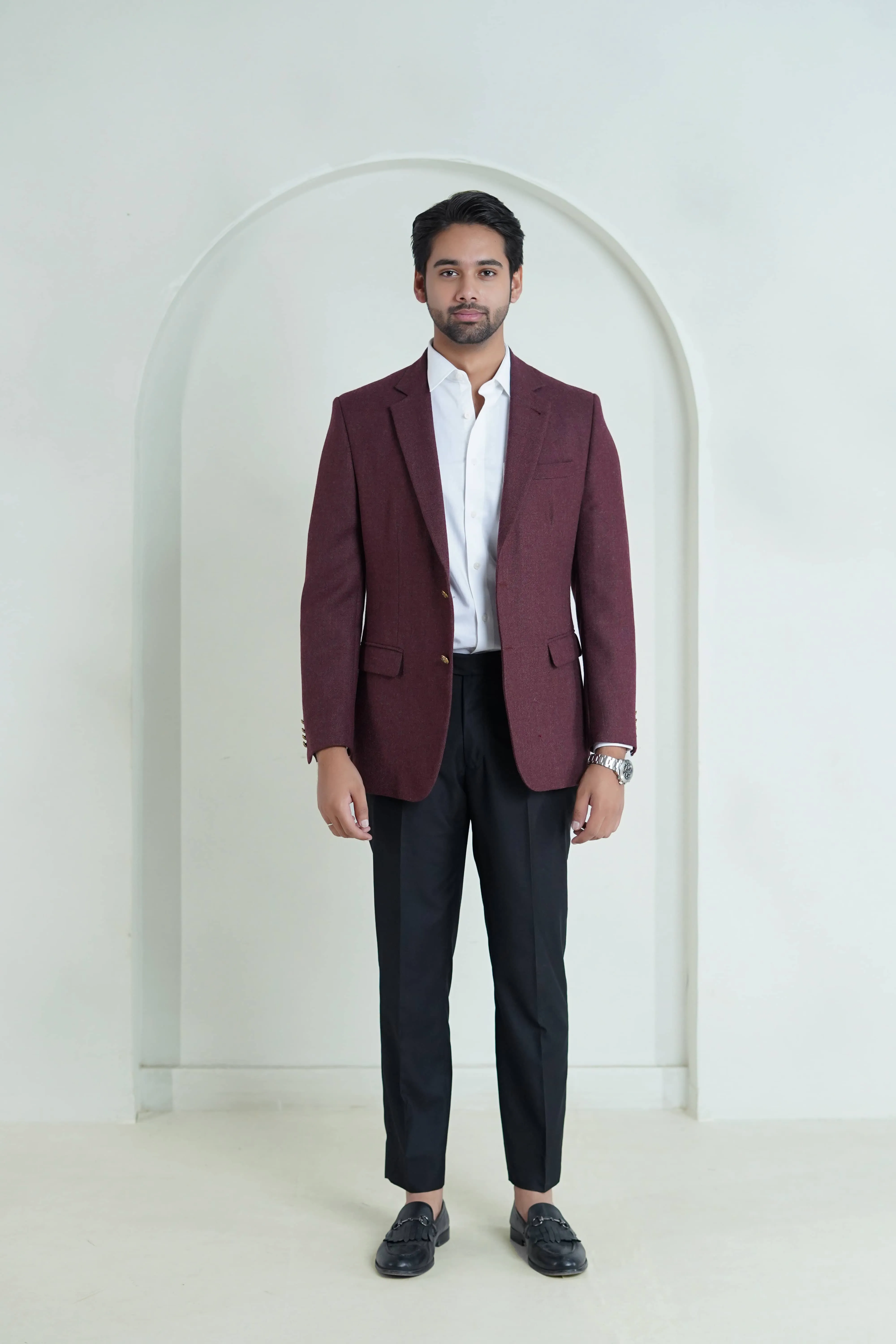 Burgundy Plain Worsted Tweed Classic Blazer