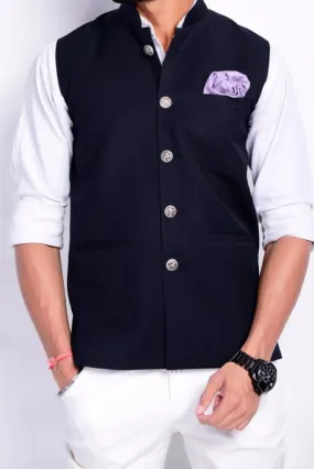 Classic Navy Blue Half Jodhpuri Jacket For Men Sleeveless Jacket Wedding & Party Jacket Festivals Jackets