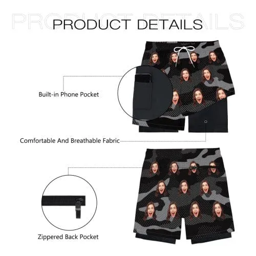 Custom Face Black Camouflage Men's Quick Dry 2 in 1 Surfing & Beach Shorts Male Gym Fitness Shorts