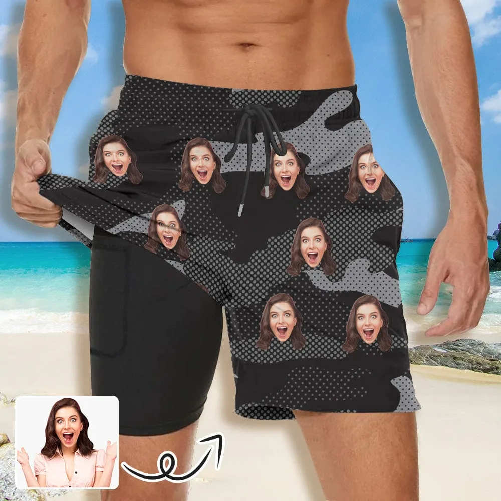 Custom Face Black Camouflage Men's Quick Dry 2 in 1 Surfing & Beach Shorts Male Gym Fitness Shorts