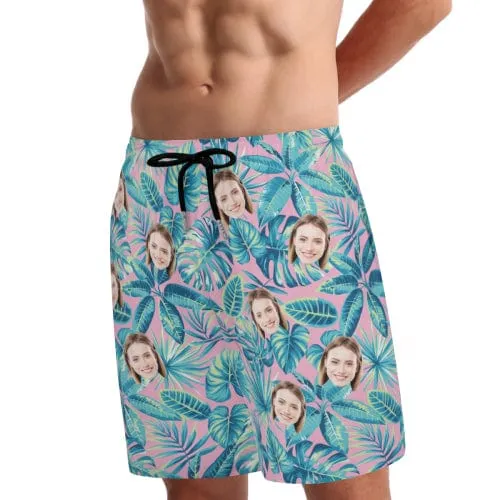 Custom Face Blue Leaves Men's Quick Dry 2 in 1 Surfing & Beach Shorts Male Gym Fitness Shorts