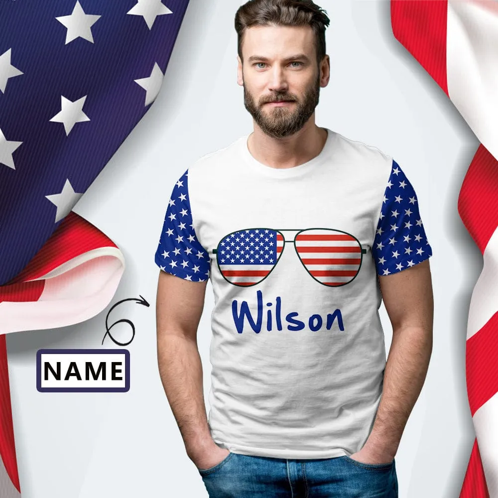 Custom Name Tee Glasses Men's All Over Print T-shirt Personalized American Flag Shirts for Independence Day