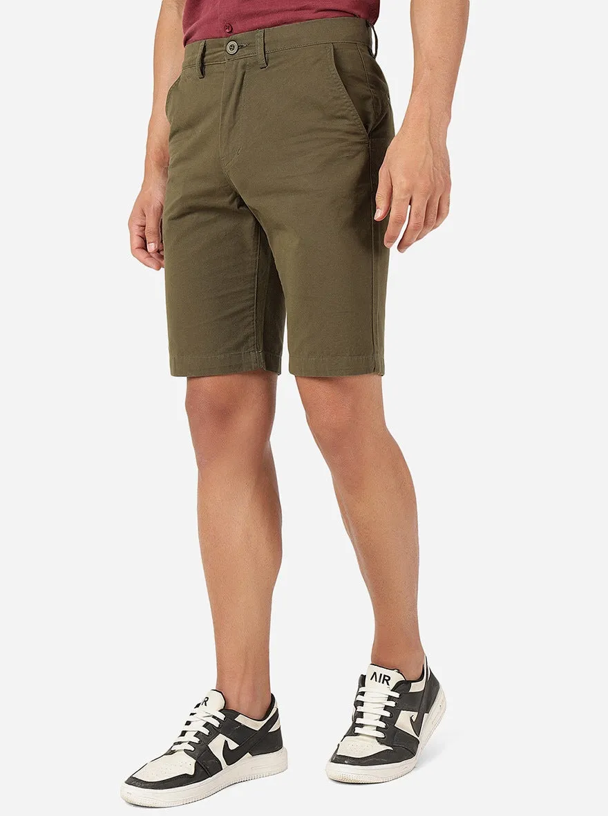 Dark Olive Solid Slim Fit Shorts | JadeBlue