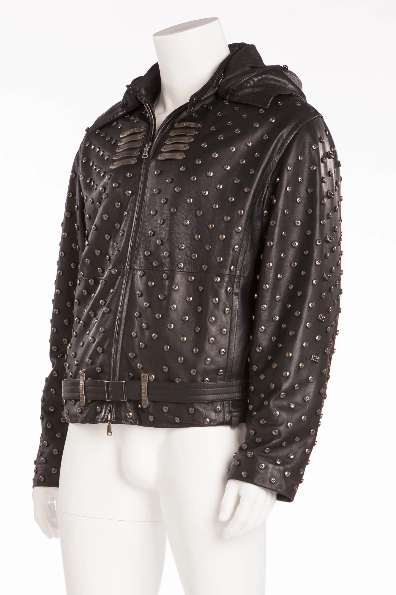 Gianfranco Ferre - Black Leather Screw Embellishment Zip Up Jacket - IT 54