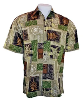 Go Barefoot Palm Blocks Banded Collar Old School Hawaiian Shirt Side Vents & Coconut Button