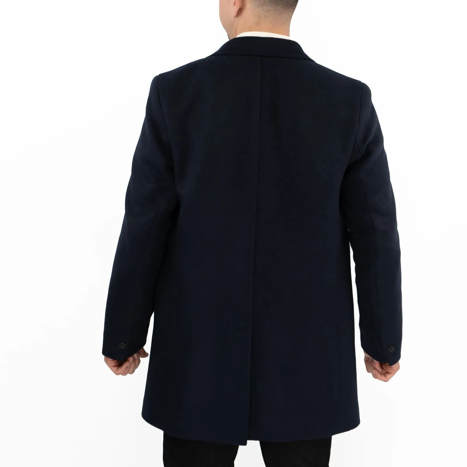 M&S Mens Wool Blend Revere Overcoat Navy