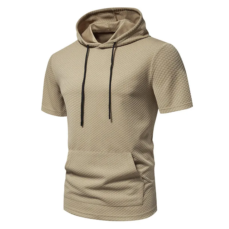 Men Lattice Pockets Short Sleeves Drawstring Hoody T-Shirt