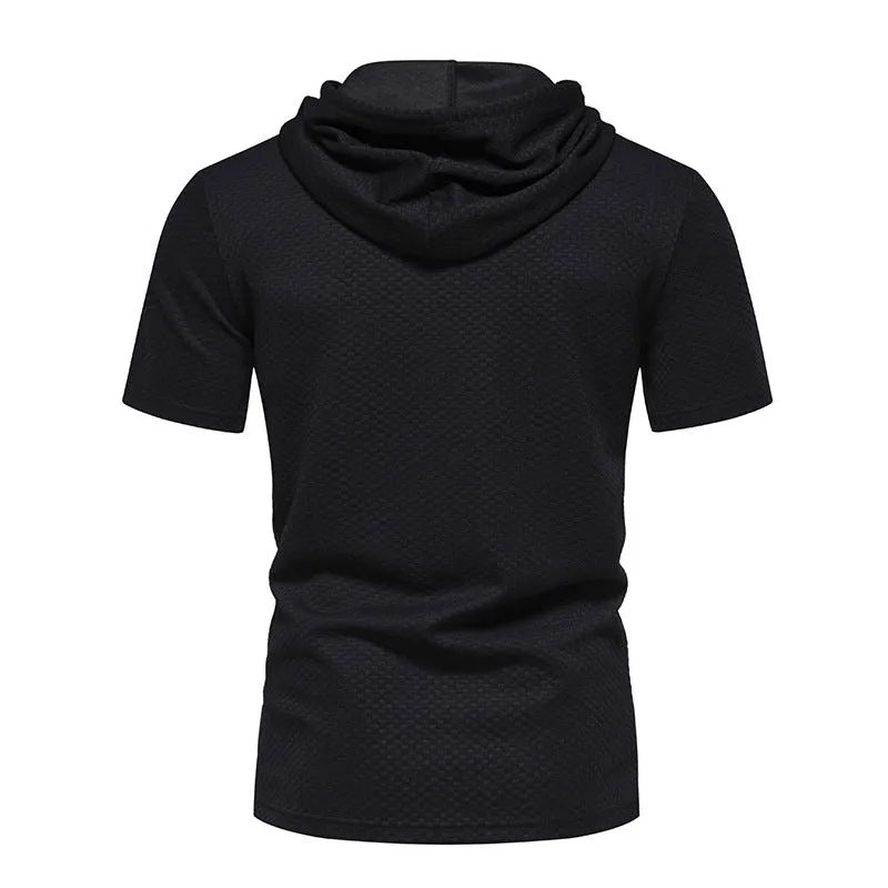 Men Lattice Pockets Short Sleeves Drawstring Hoody T-Shirt