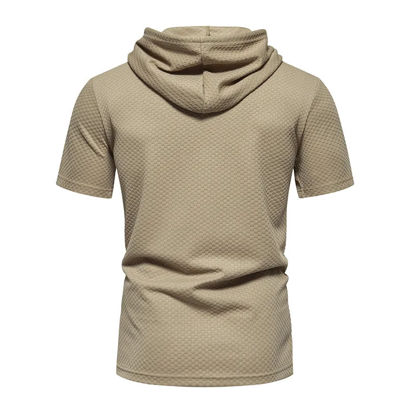 Men Lattice Pockets Short Sleeves Drawstring Hoody T-Shirt