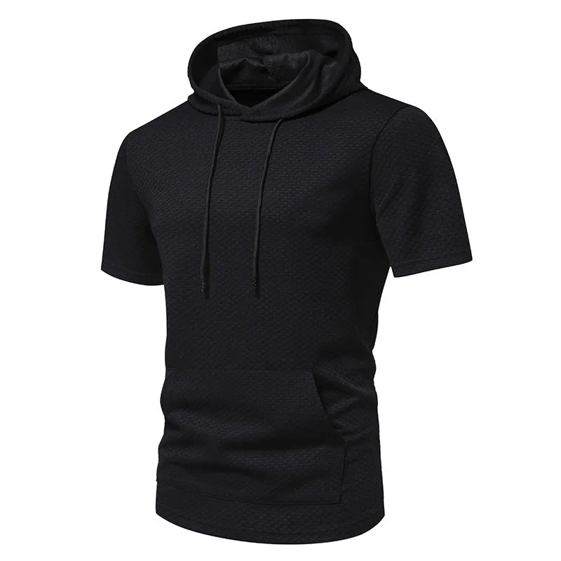 Men Lattice Pockets Short Sleeves Drawstring Hoody T-Shirt