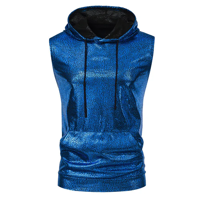 Men Slim Sleeveless Glossy Drawstring Hoody T-Shirt