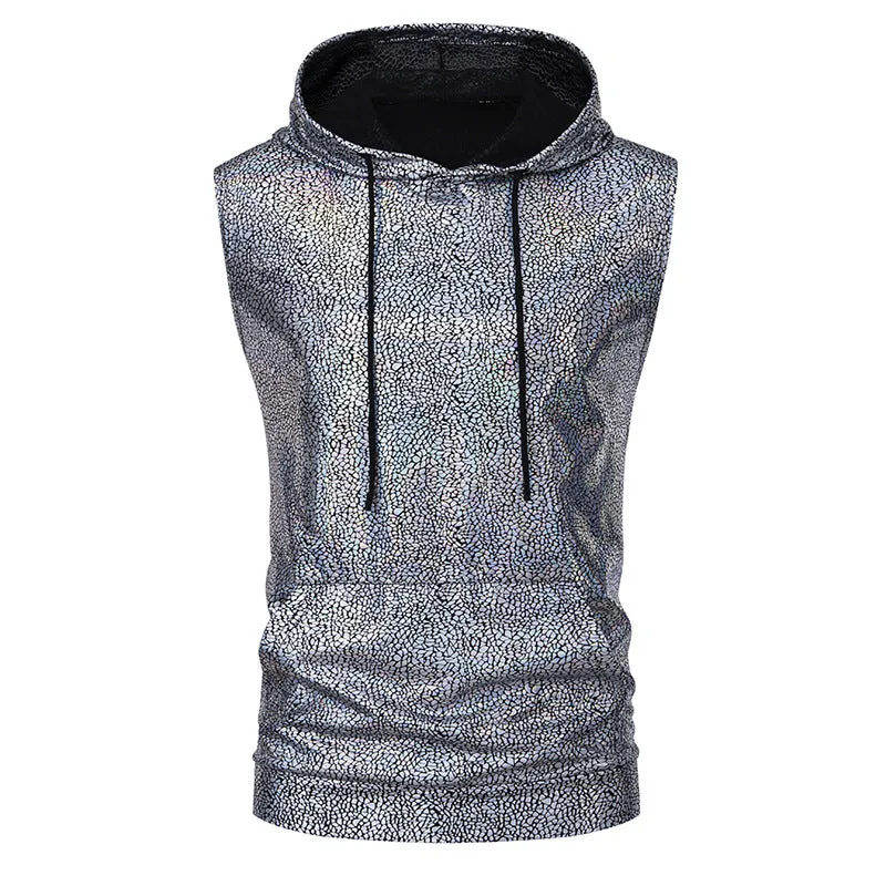 Men Slim Sleeveless Glossy Drawstring Hoody T-Shirt