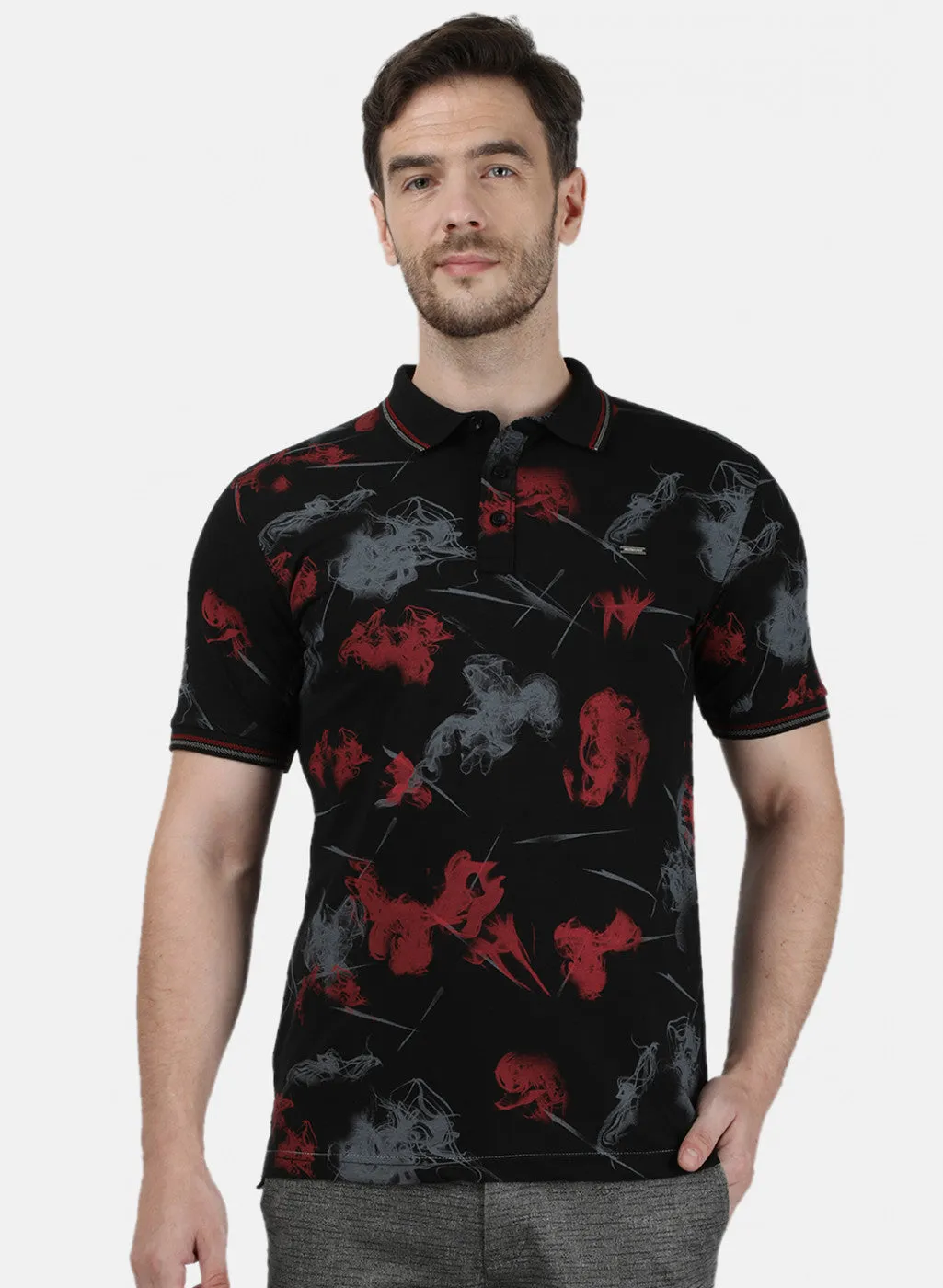 Mens Black Printed Collar T-Shirts