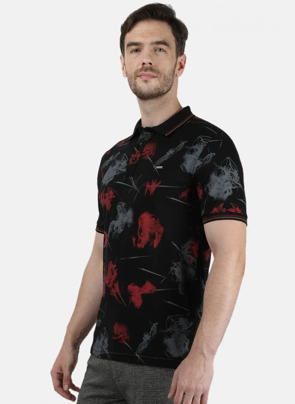 Mens Black Printed Collar T-Shirts