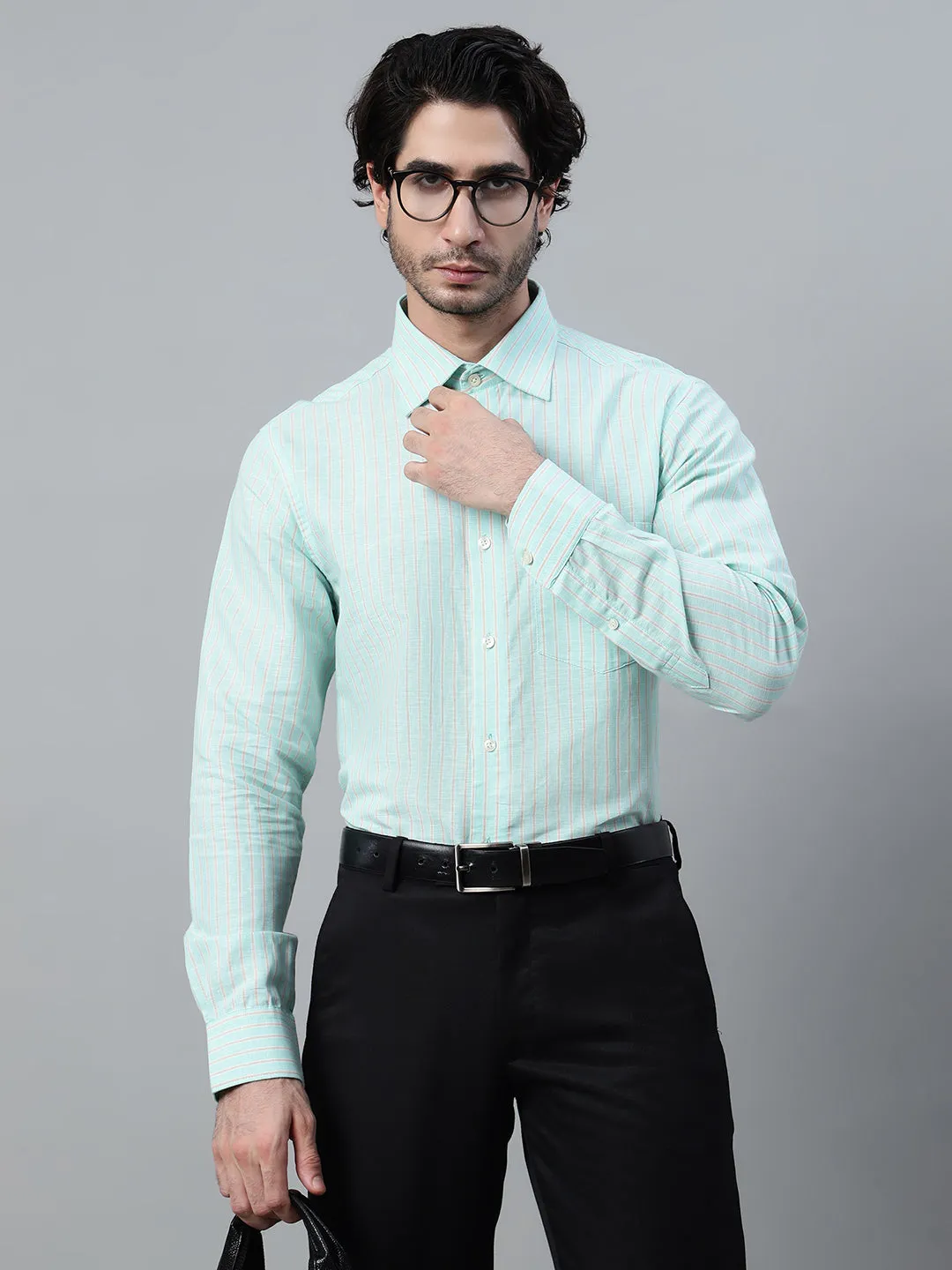 Men's Light Green Formal Narrow Stripe Full Sleeve Shirt