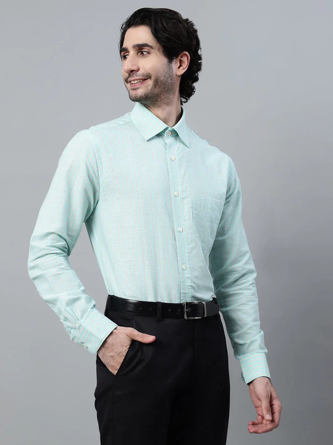 Men's Light Green Formal Narrow Stripe Full Sleeve Shirt