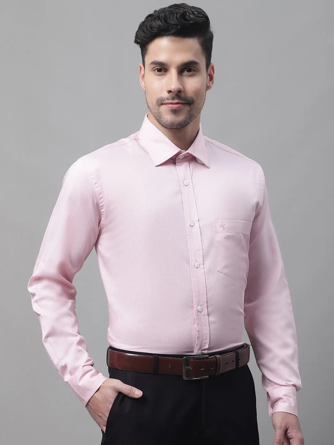 Men's Light Pink Formal Pin Stripe Full Sleeve Shirt