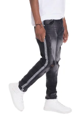 Mens Racer Stripe Black Denim Jeans Faded Wash