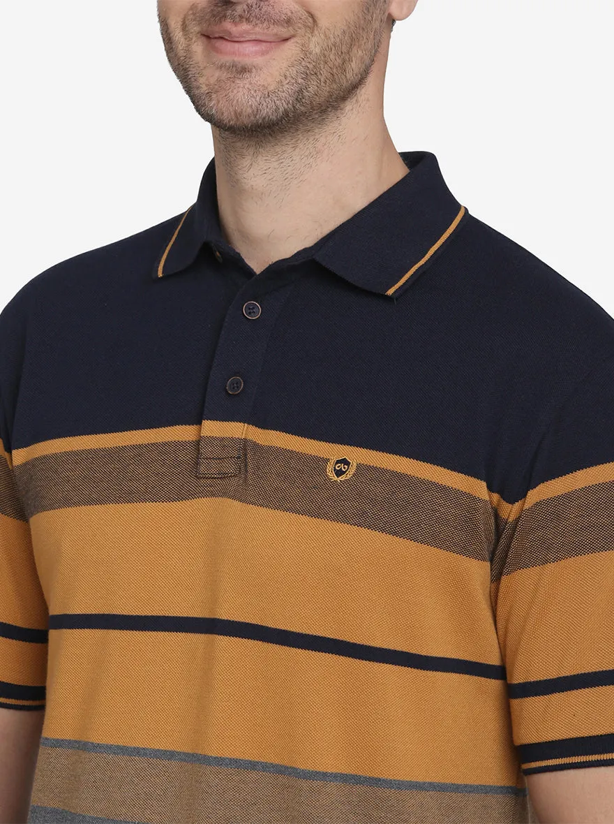 Navy Blue & Smoke Grey Striped Slim Fit Polo T-shirt  | JadeBlue