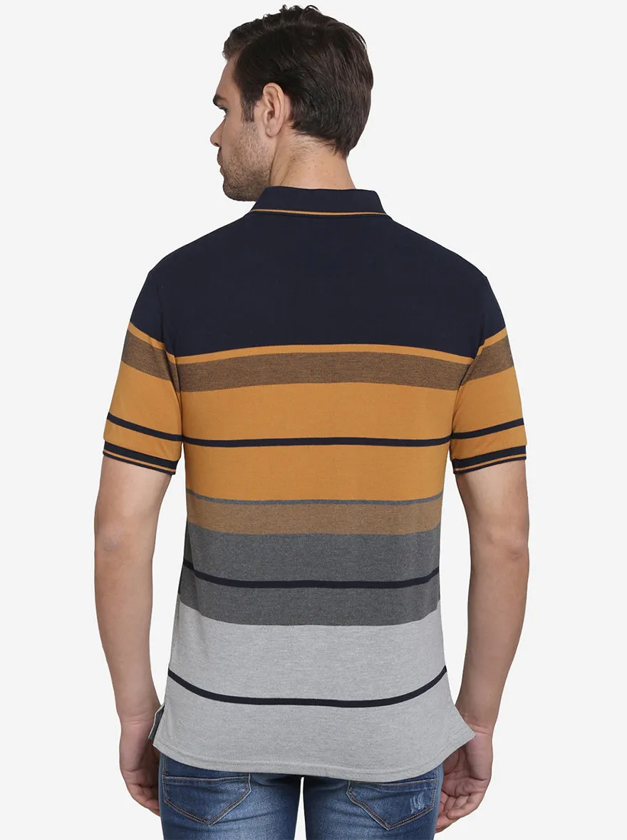 Navy Blue & Smoke Grey Striped Slim Fit Polo T-shirt  | JadeBlue