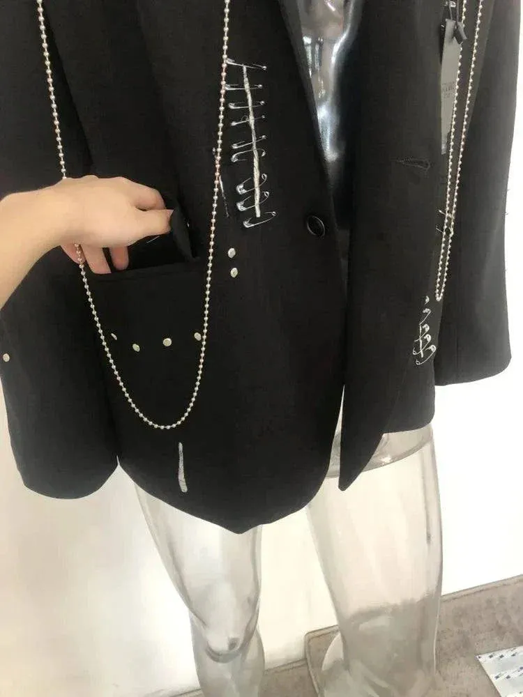 PFHQ Solid Color Long Sleeve Metal Chain Causal Blazers Men          .