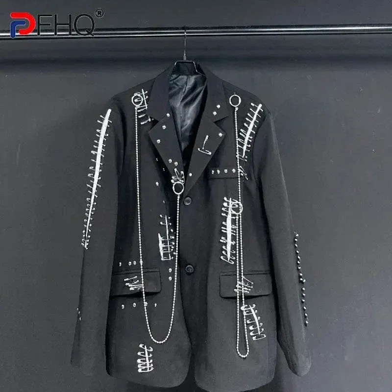 PFHQ Solid Color Long Sleeve Metal Chain Causal Blazers Men          .