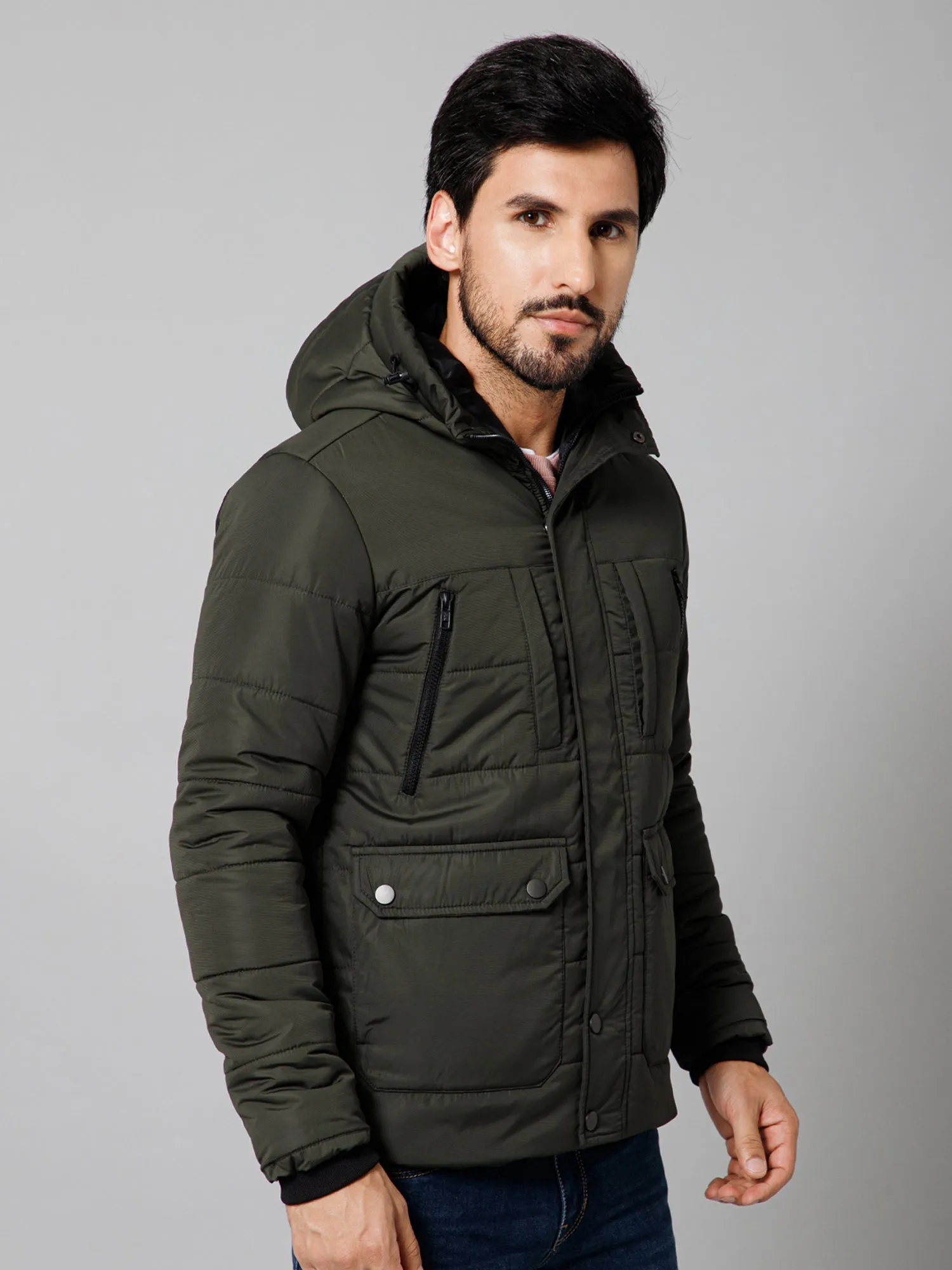 Solid Full Sleeves Hooded Neck Regular Fit Olive Casual Jacket for Mens