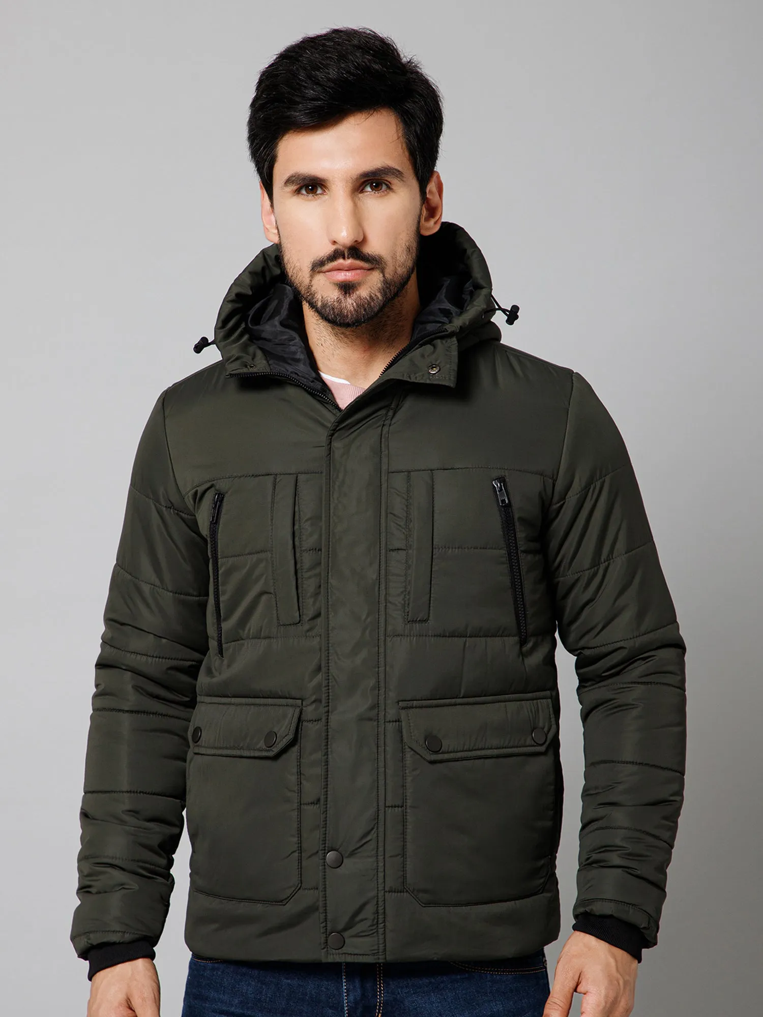 Solid Full Sleeves Hooded Neck Regular Fit Olive Casual Jacket for Mens