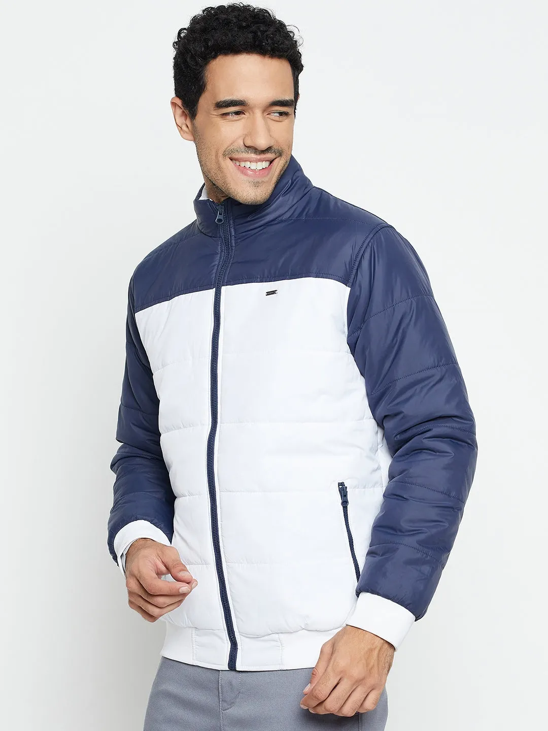 Solid White Full Sleeves Mock Collar Regular Fit Casual Jacket for Men