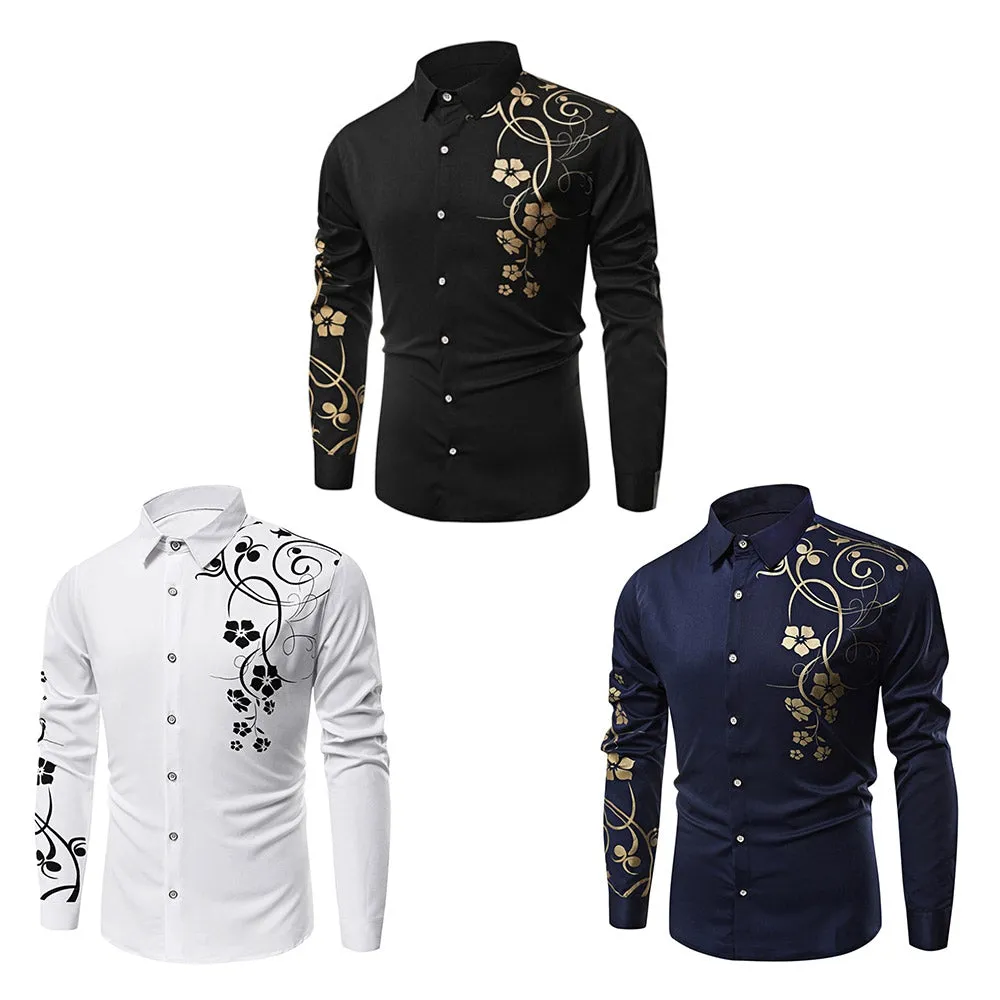 Turn-down Collar Floral Printing Long Sleeve Shirt for Men 8987