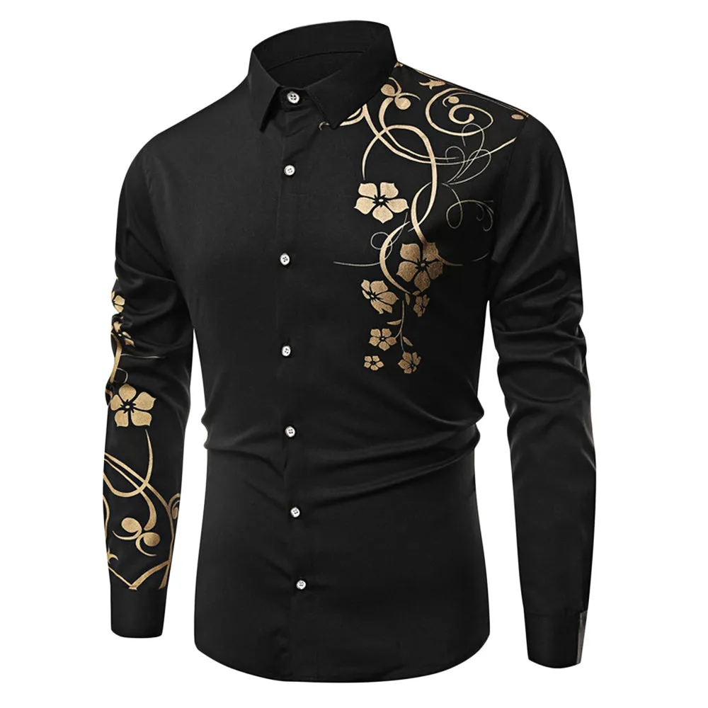 Turn-down Collar Floral Printing Long Sleeve Shirt for Men 8987