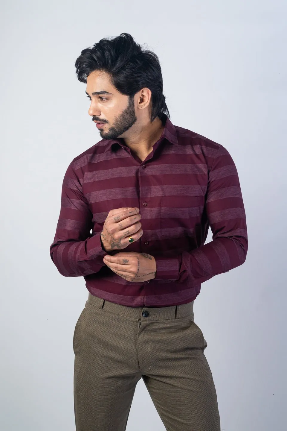 Wine Red Color Cotton Stripe Shirt For Men