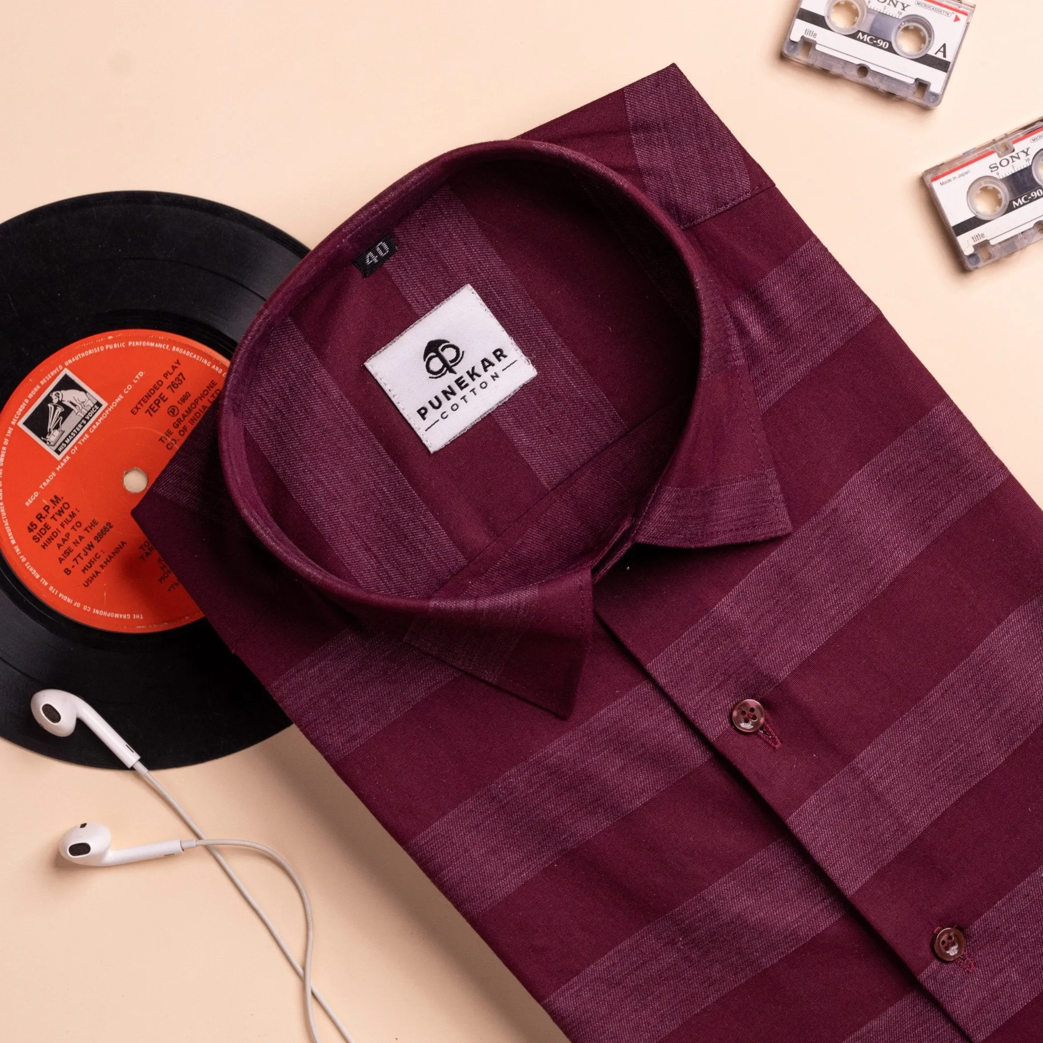 Wine Red Color Cotton Stripe Shirt For Men