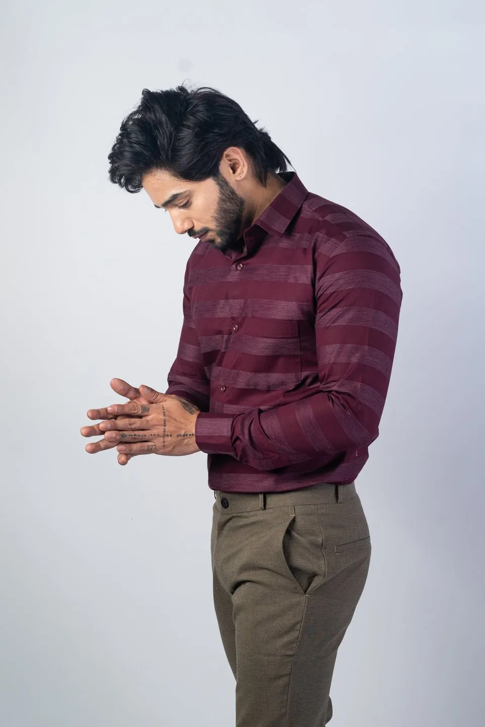 Wine Red Color Cotton Stripe Shirt For Men